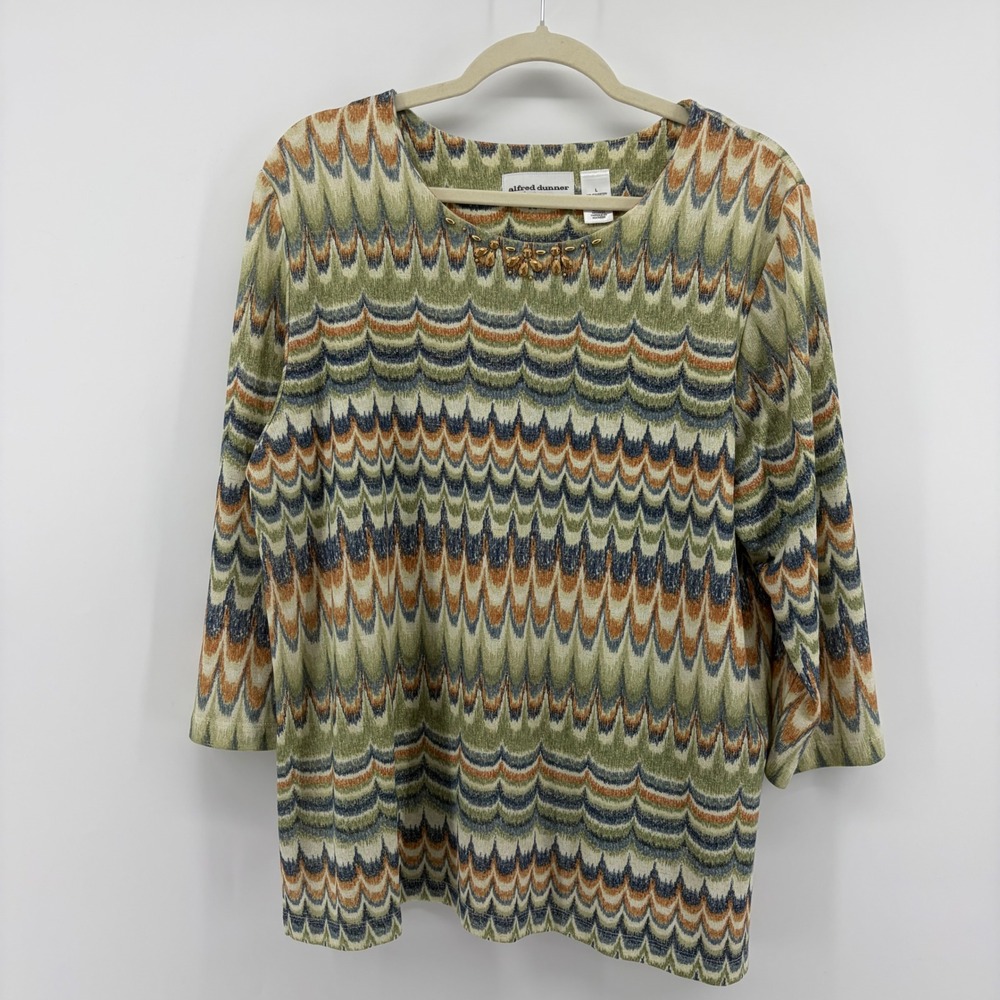 Alfred Dunner Women Large Green Multi Chevron 3/4 Sleeve Embellished Knit Top